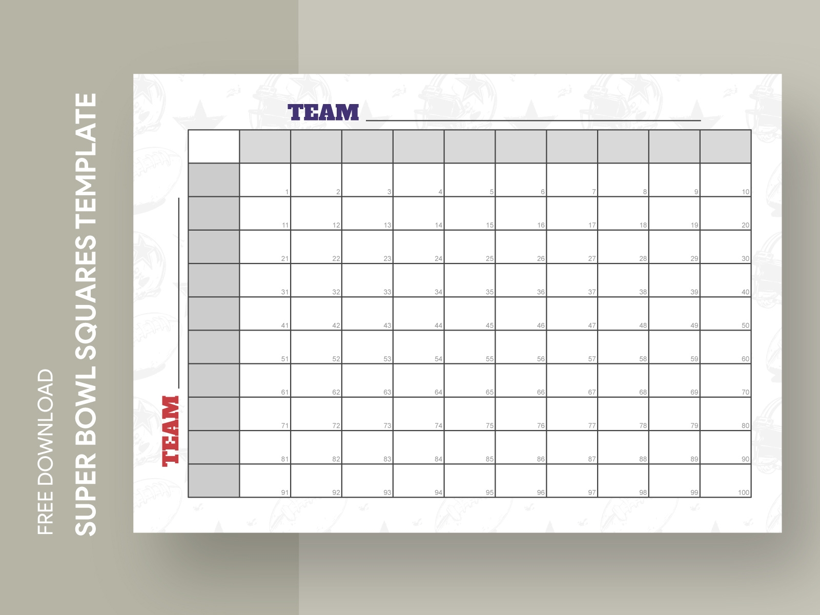 Full Page Free Printable Football Squares 100