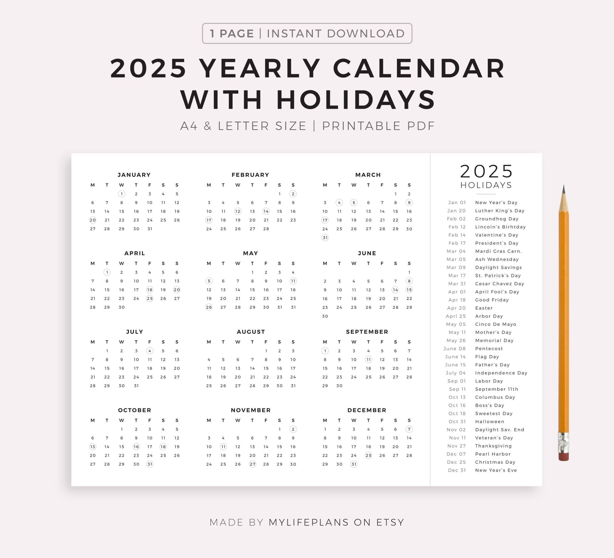 2025 Year Calendar With Holidays On One Page Printable Landscape Wall Calendar Desk Calendar Sunday Monday Start A4 letter Etsy