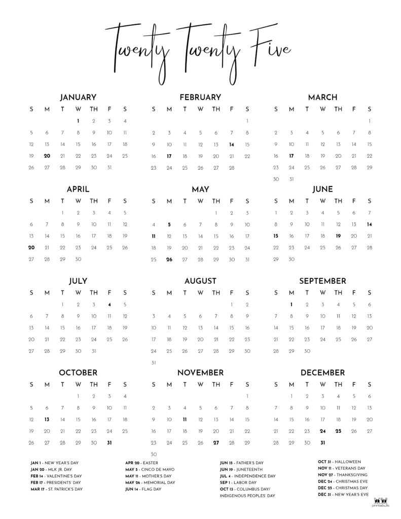 2025 Yearly Calendar Printable One Page