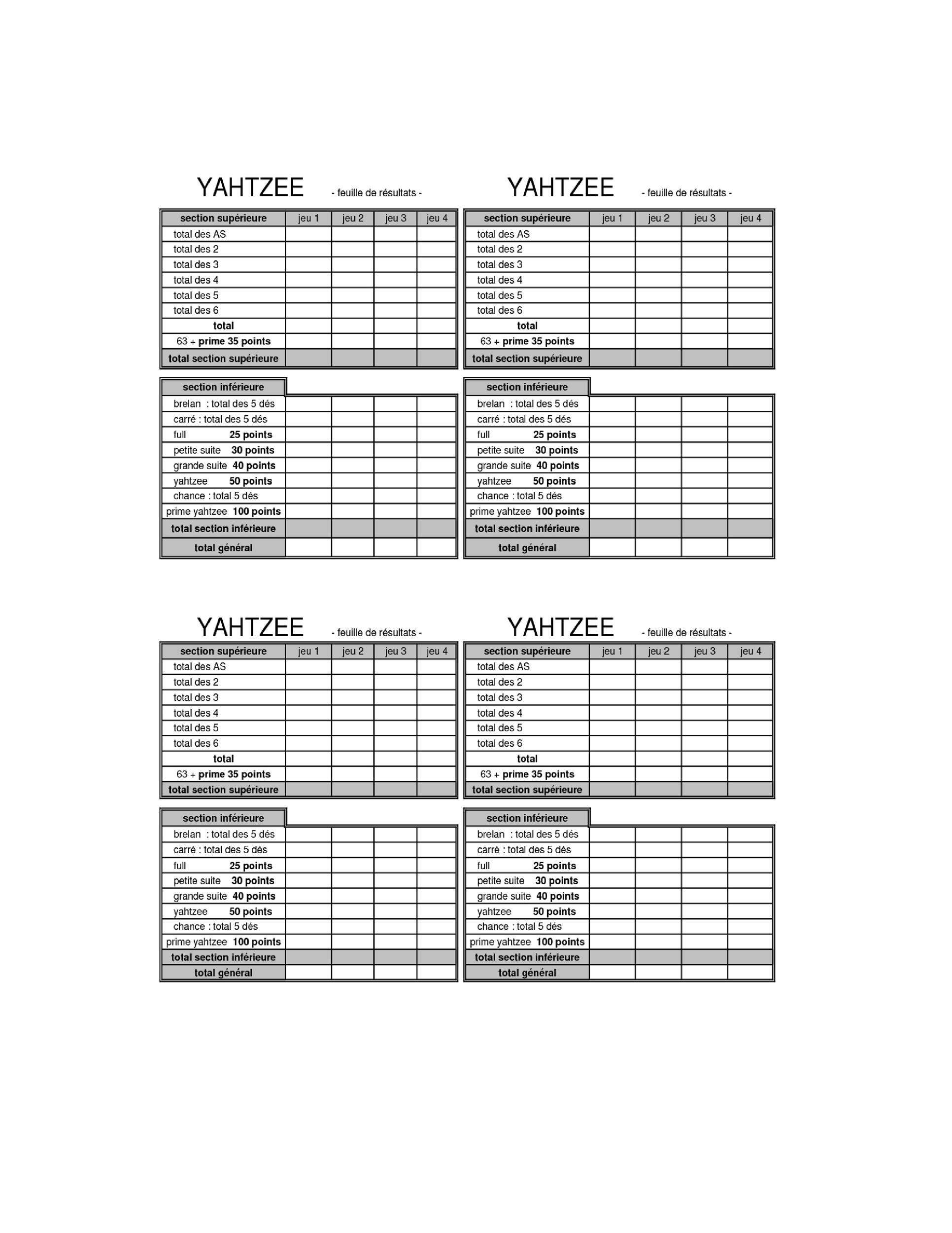 Printable Yahtzee Score Sheets 2 Per Page