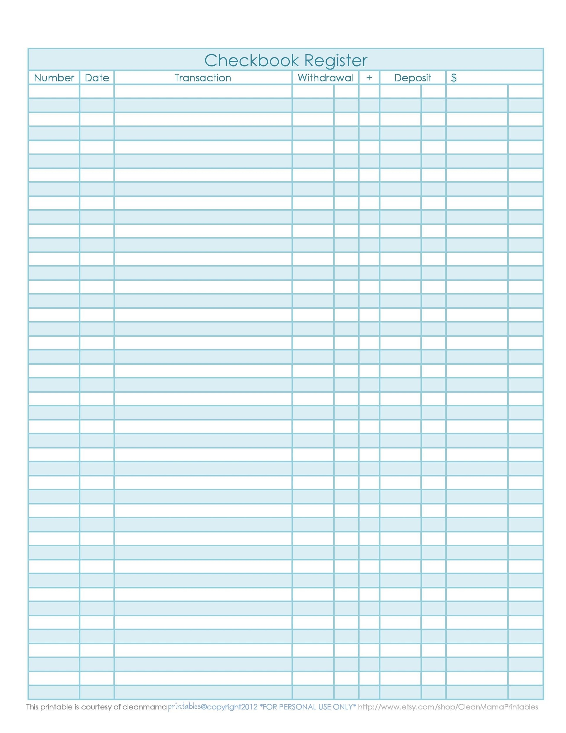 Full Page Printable Check Register