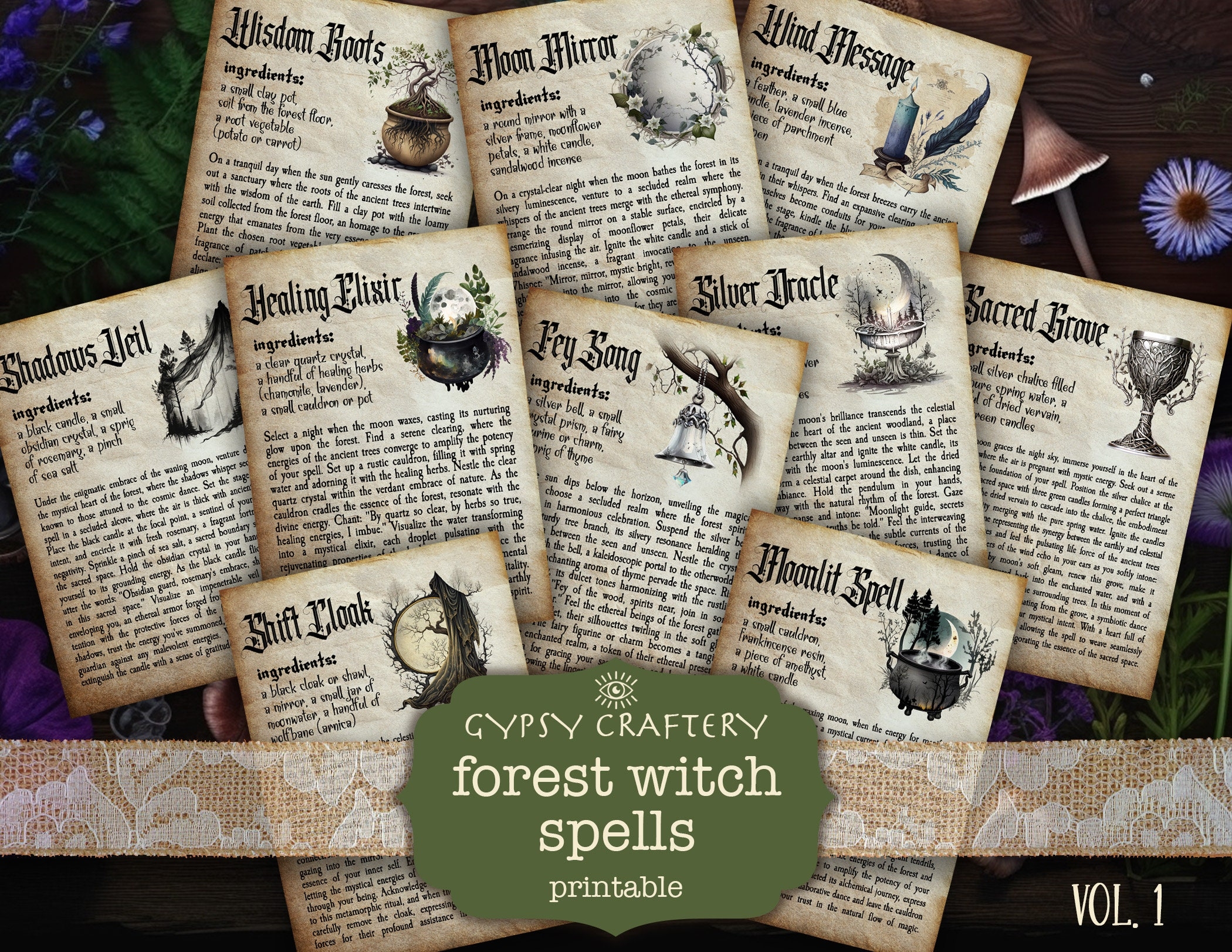 Forest Witch Spells Printable Grimoire Pages Spell Book Book Of Shadows Pages Forest Witch Junk Journal Witchy Ephemera Etsy