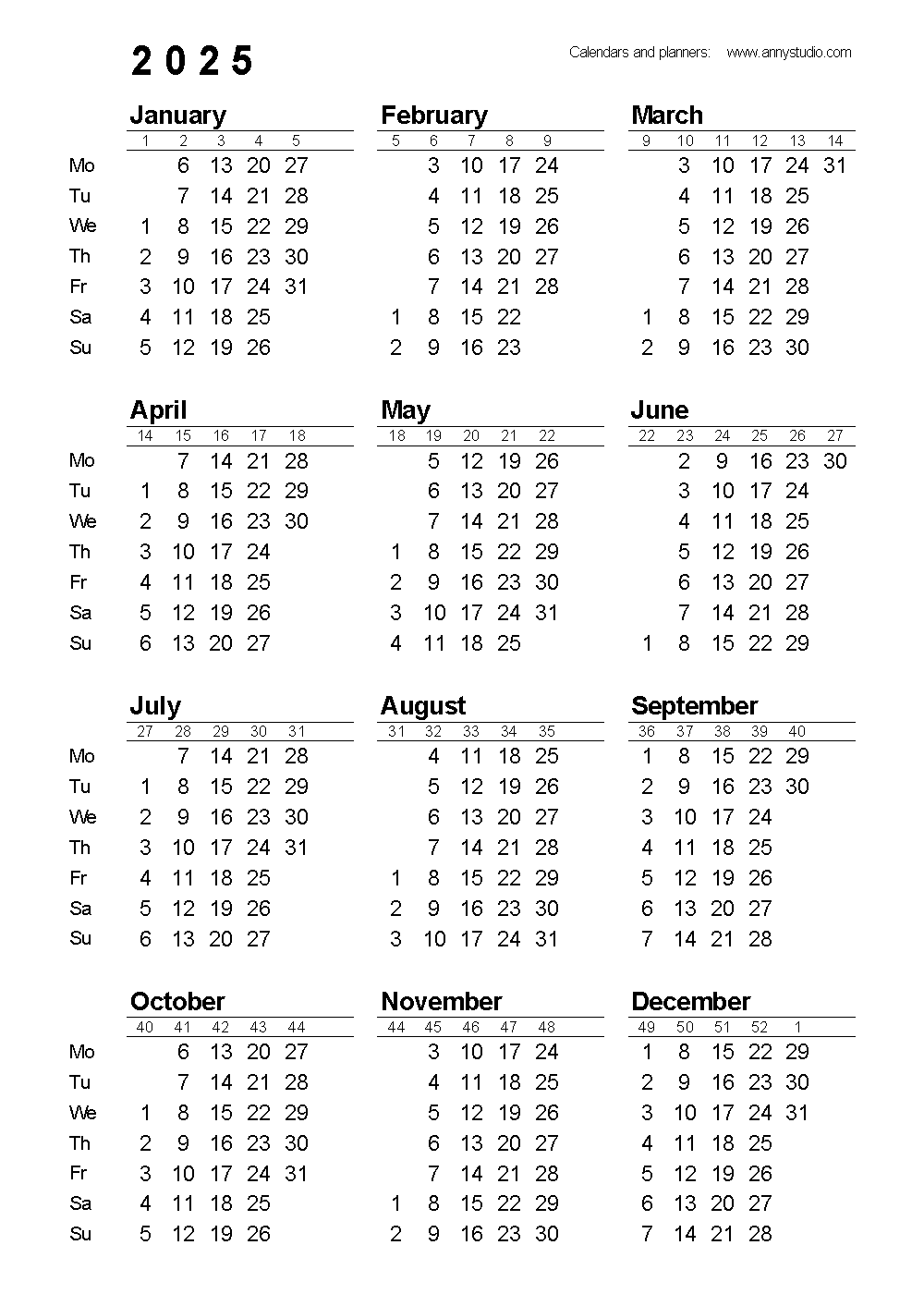 2025 Calendar 1 Page Printable Free