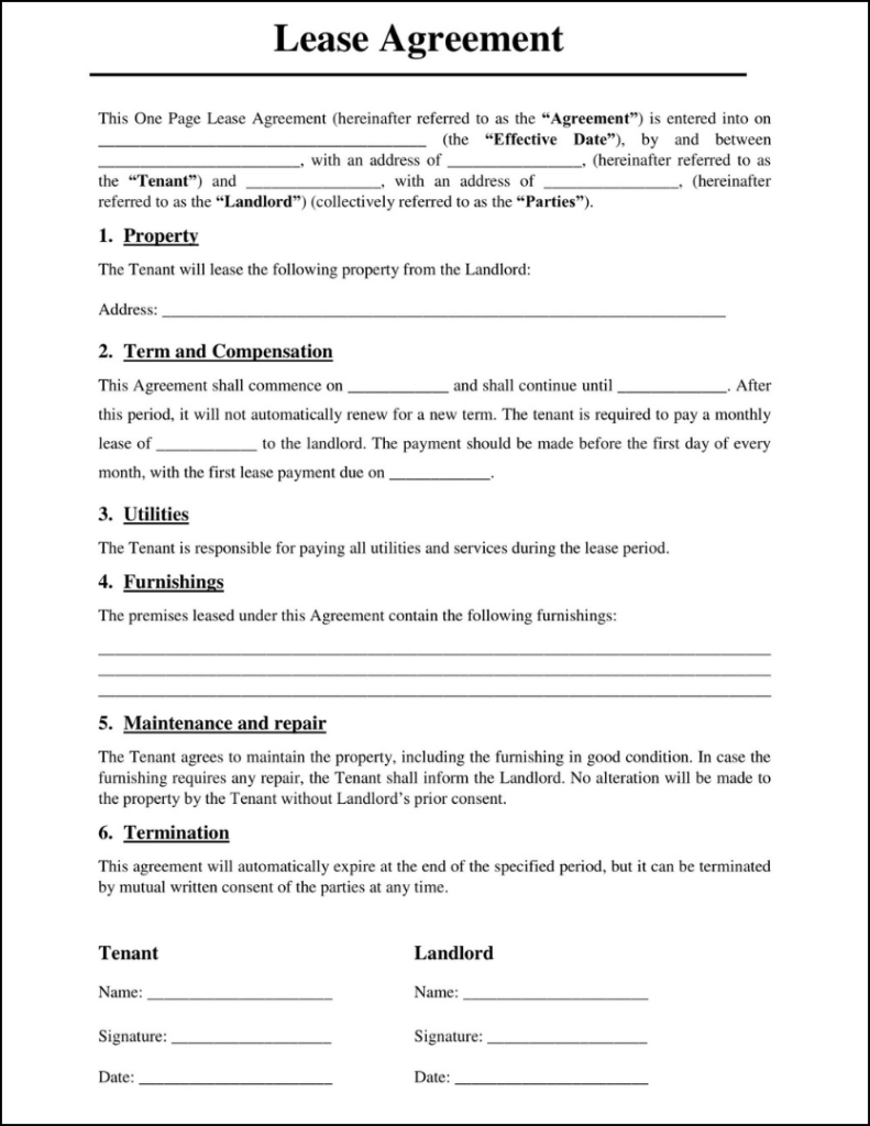 One Page Lease Agreement Free Rental Contract Template