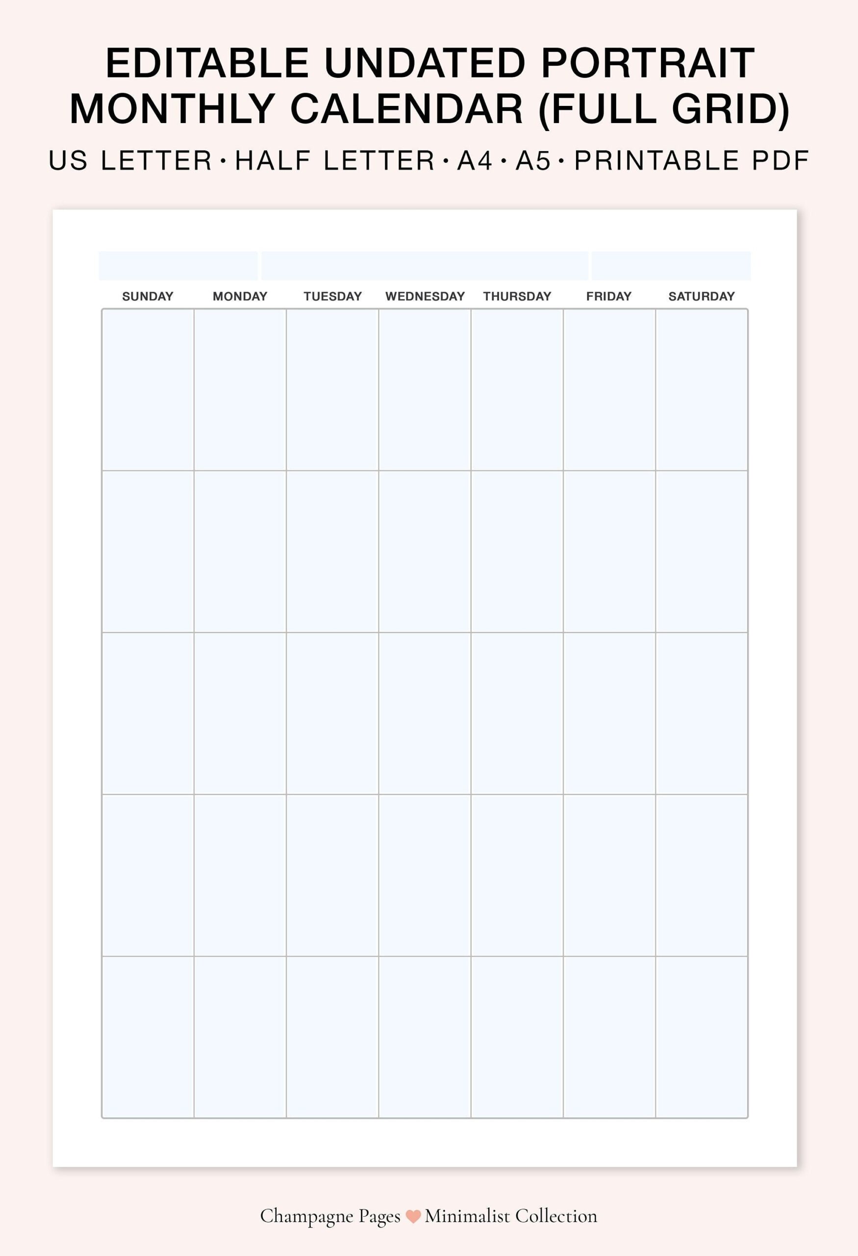 Portrait Editable fillable Monthly Calendar Printable Blank Monthly Calendar Template Undated Vertical Calendar A5 a4 letter half Size Etsy