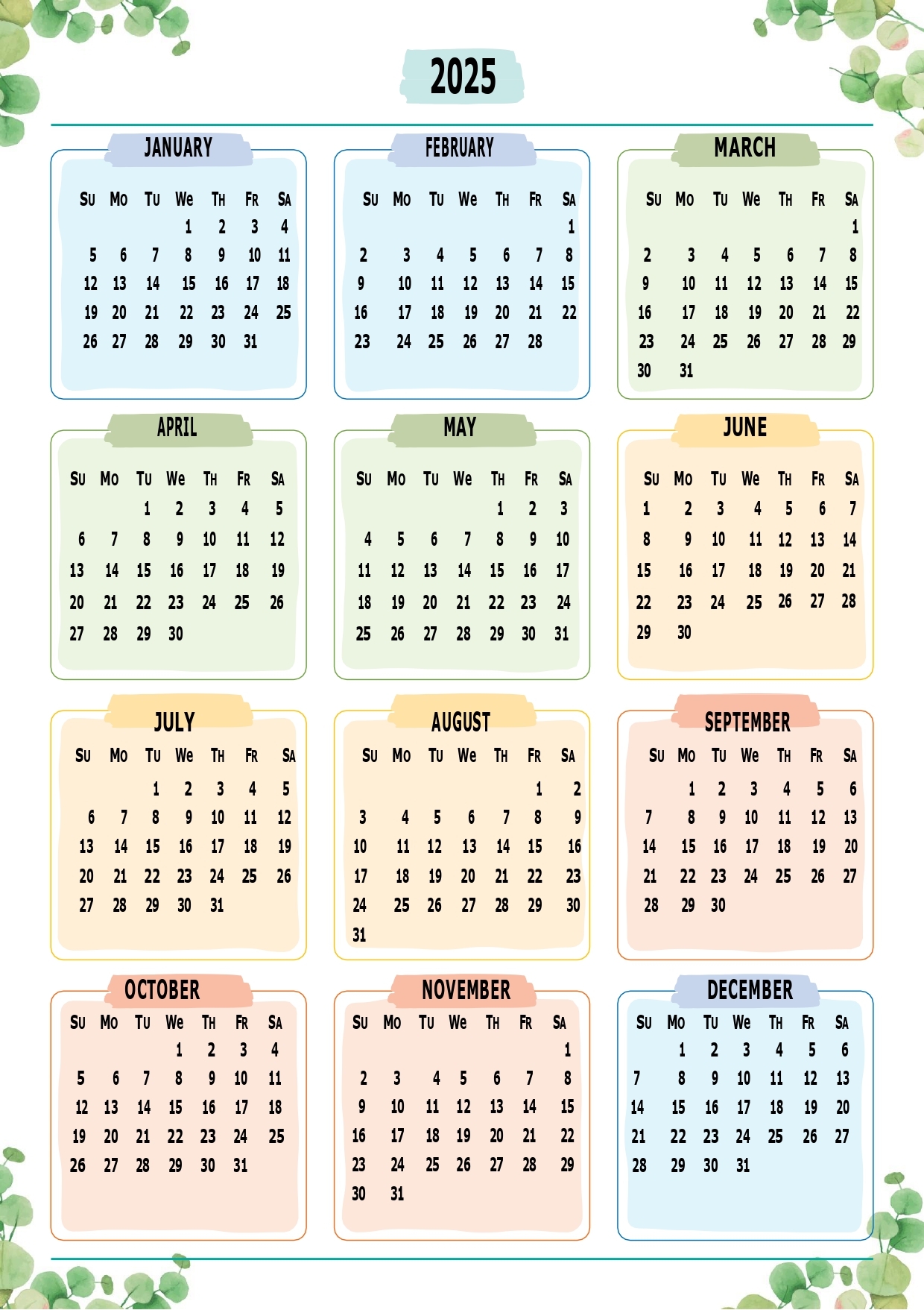 Yearly Calendar 2025 Printable One Page