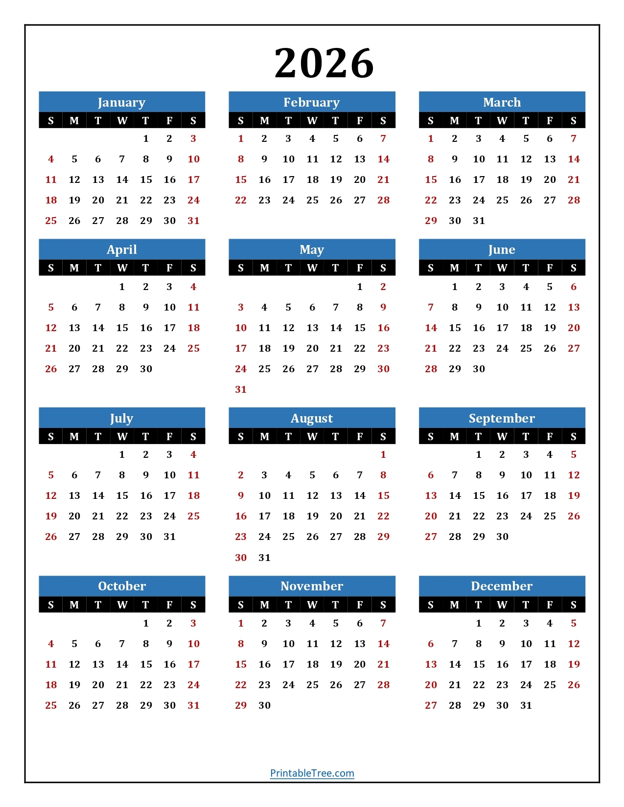 2026 Yearly Calendar Printable One Page