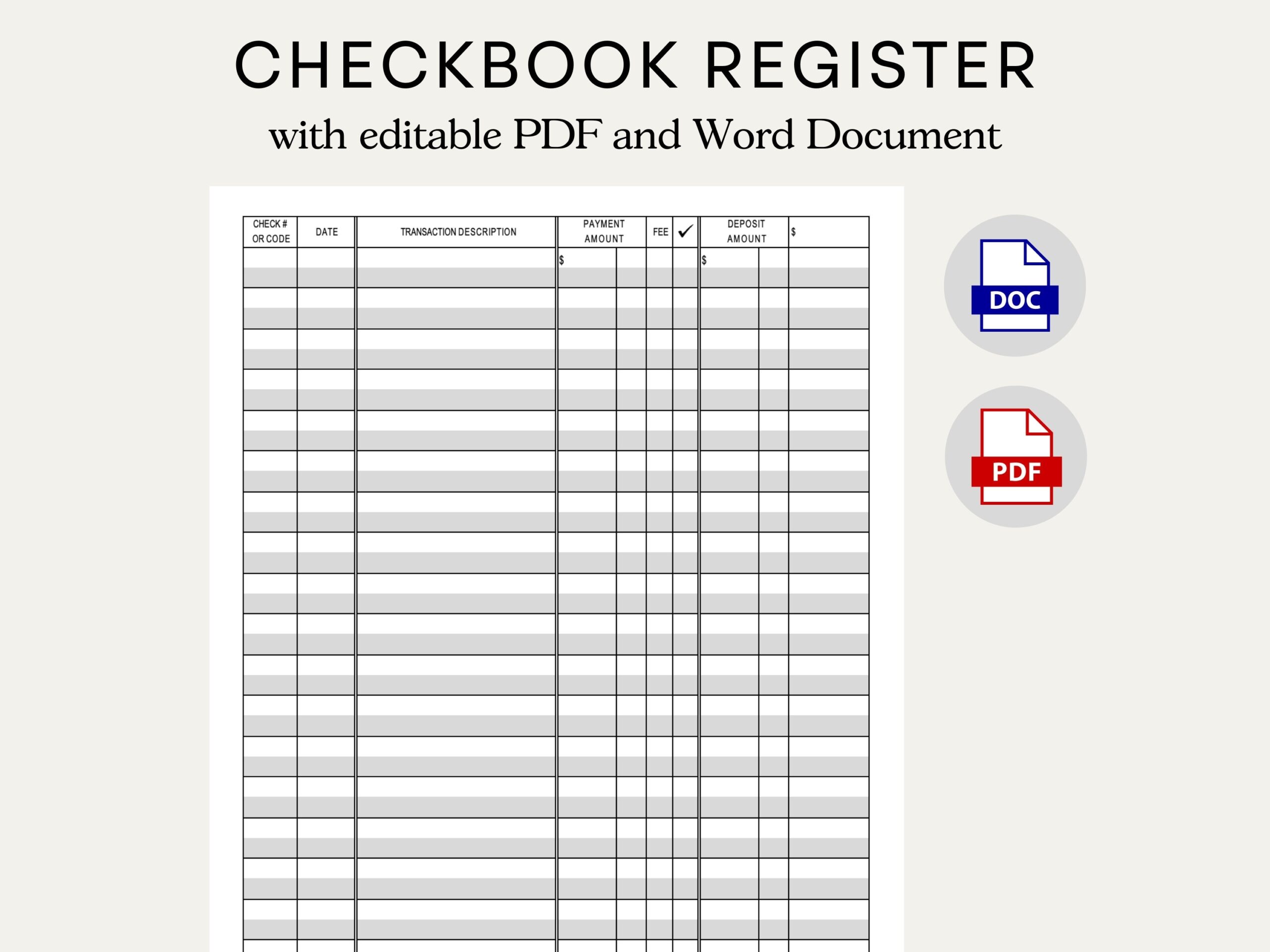 Printable Checkbook Register Full Page