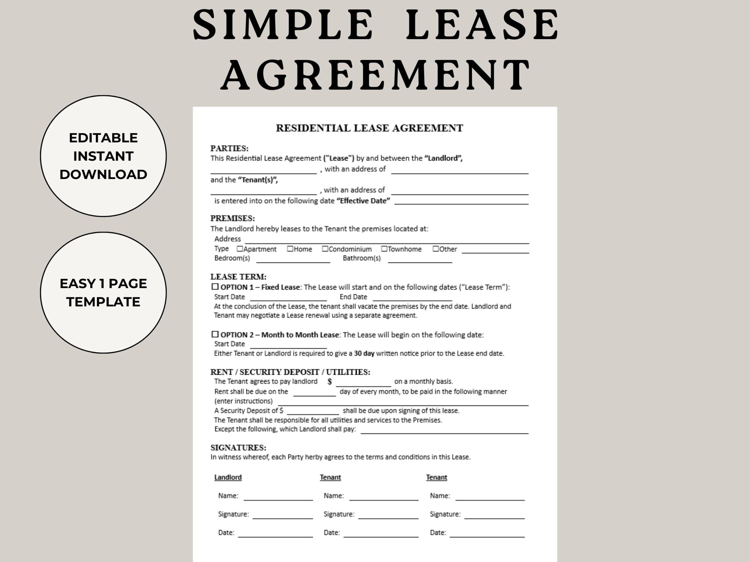 Simple One Page Lease Agreement Residential Lease Landlord Tenant Lease Contract Rental Agreement Landlord Forms Month To Month Rents Etsy