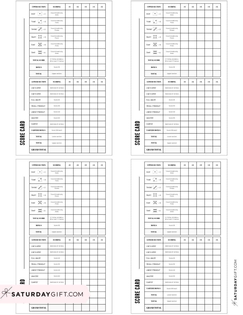 Yahtzee Score Card Printable Yahtzee Score Sheets SaturdayGift